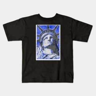 4th of July Statue of Liberty Batik blue crackle style Kids T-Shirt